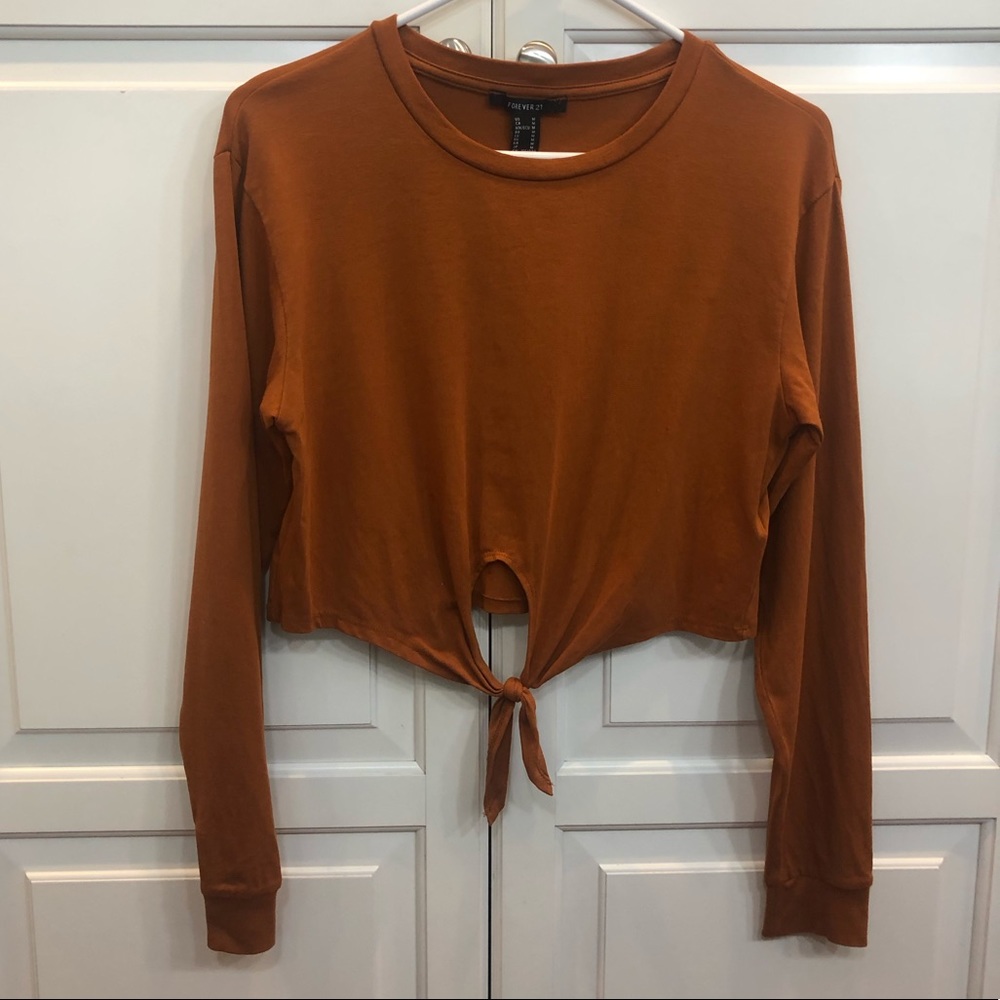 Forever 21 Orange Long Sleeve Tie Front Crop Top